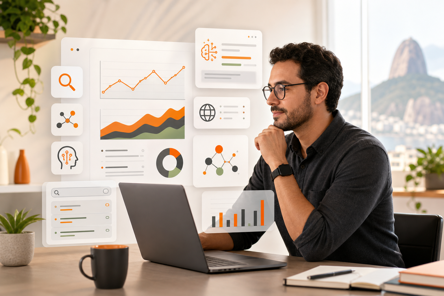 Equipe de Especialistas em SEO analisando a presença da marca em respostas de IA