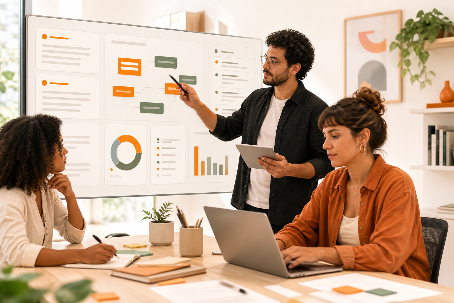 Equipe de Gestores de Conteúdo e Redatores analisando a presença da marca em respostas de IA