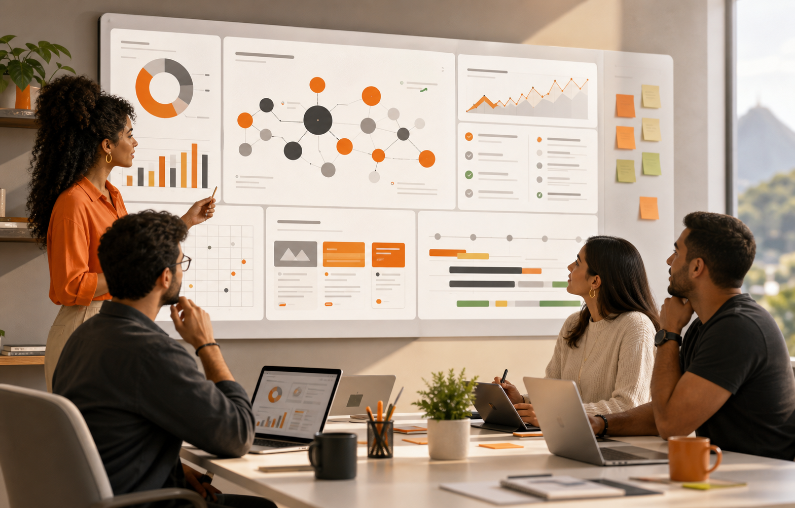 Equipe convertendo dados de visibilidade em prioridades de conteúdo e GEO